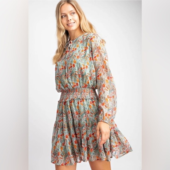 Easel Smocked Chiffon Layer Dress - Mint/Tangerine - Picture 1 of 6